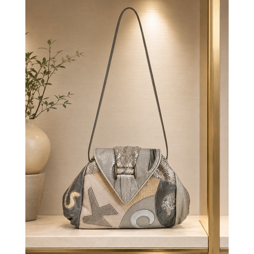Vintage Sharif Leather Shoulder Bag Neutral Taupe Cream Metallic Boho Handbag